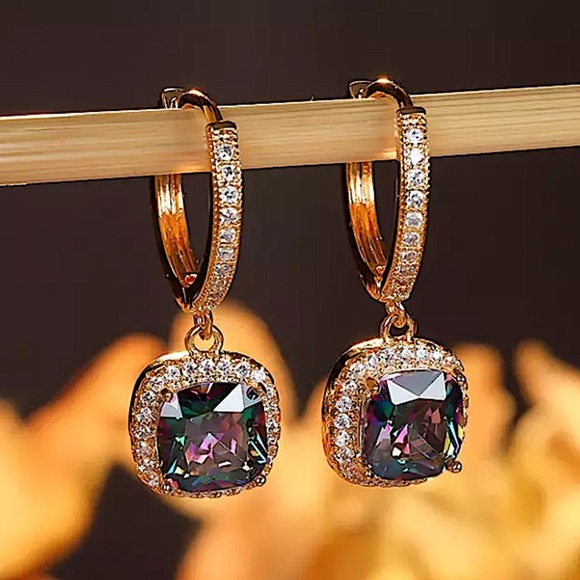Gold Princess Cut Mystic Rainbow Multicolor Stone Earrings - Picture 1 of 4